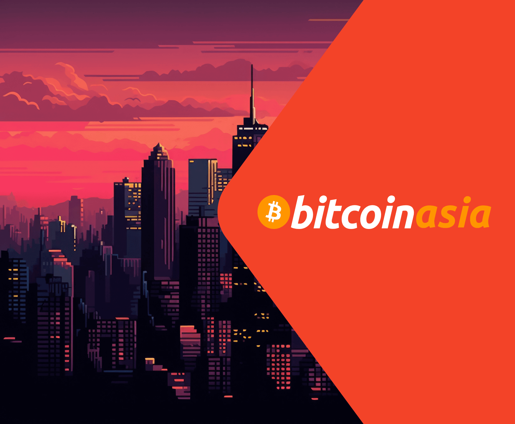 Bitcoin Asia 2024 event banner featuring a vibrant city skyline at sunset with the Bitcoin logo, promoting a networking event for investors and founders.