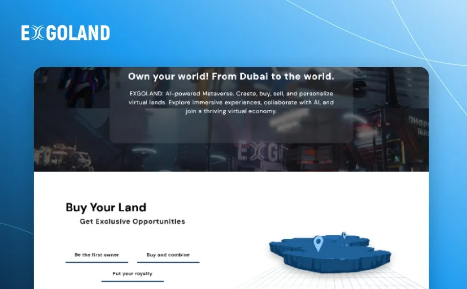 Exgoland platform with a blue theme, featuring an AI-powered metaverse for buying, selling, and personalizing virtual land with digital assets.