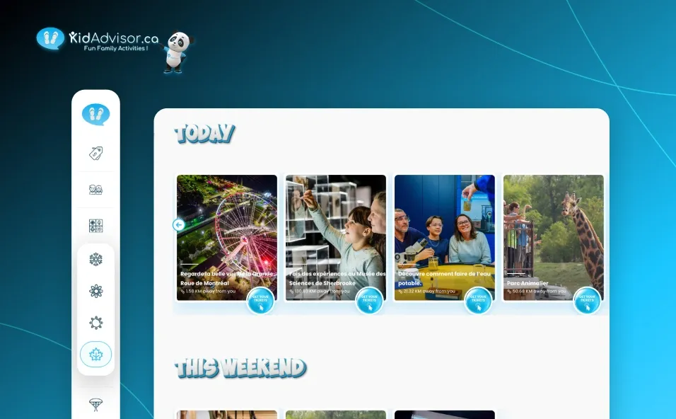 KidAdvisor Family Activity App displayed on a digital interface, featuring curated fun experiences and attractions for families with booking options.