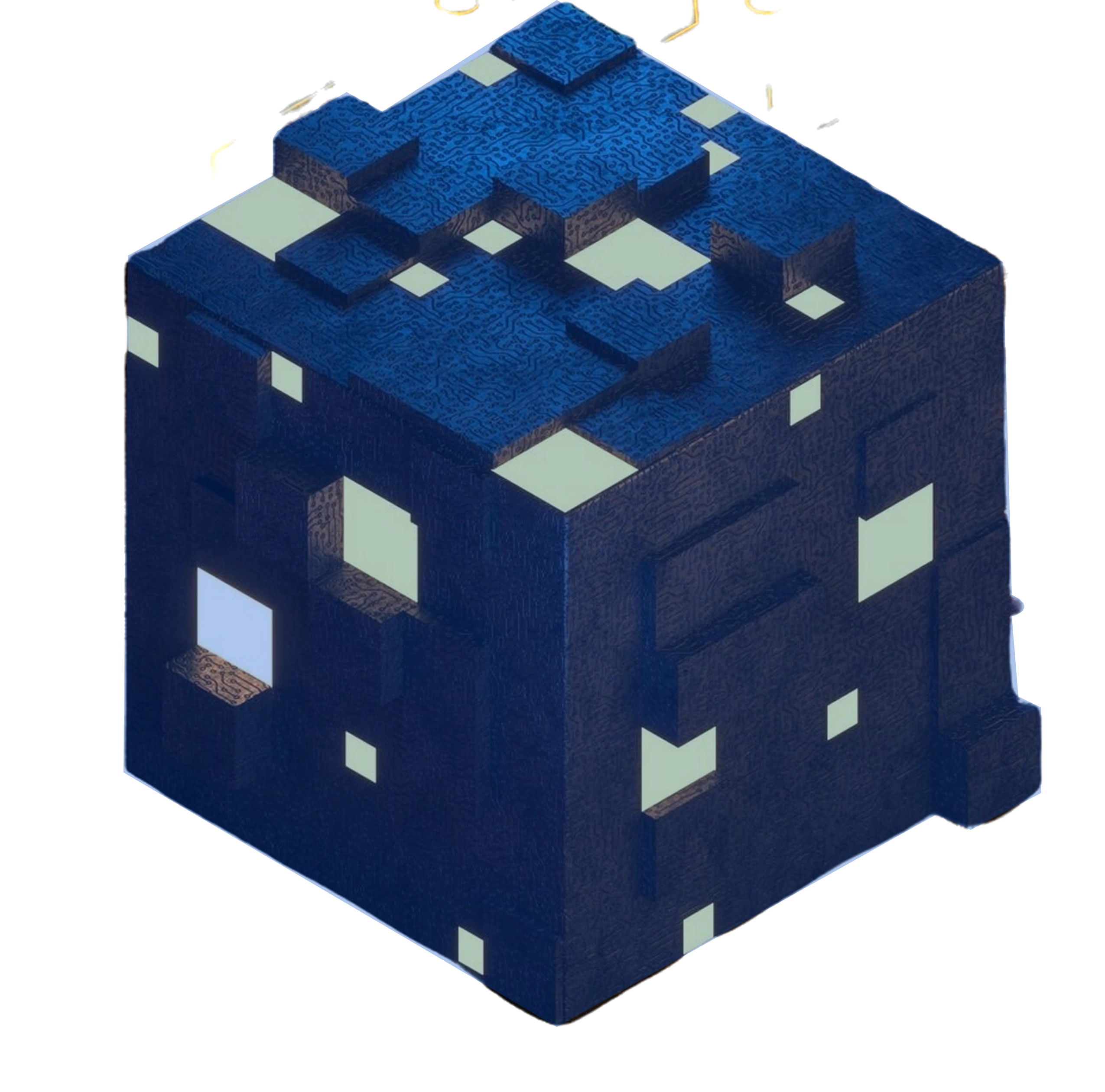 A futuristic, high-tech landscape with glowing blue and purple geometric shapes, lines, and a central circular icon.