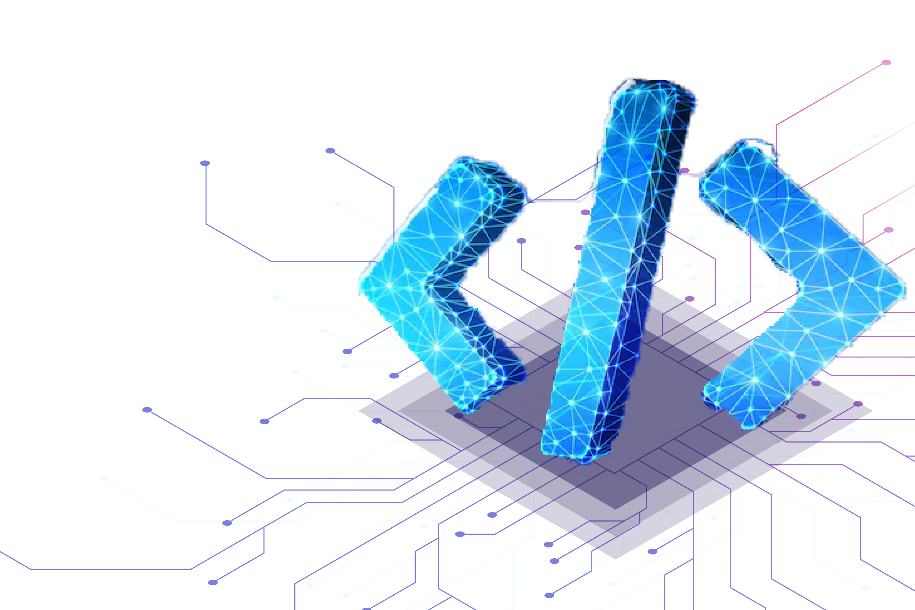 A futuristic city skyline with glowing blue and purple skyscrapers and geometric shapes against a dark gradient background.